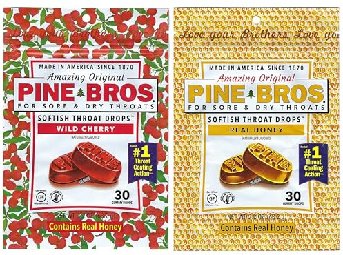 Pine Bros Softish Throat Drops Bundle, Natural Honey 30 Ct & Wild Cherry 30 Ct, Sore Throat Comfort Lozenges, Gluten Free 2 Packs