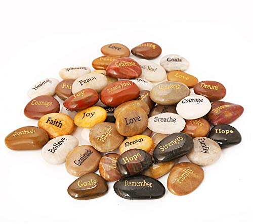 ROCKIMPACT 50PCS Engraved Rocks Different Words Inspirational Stones Bulk Faith Stones Zen Stones Gratitude Rocks Healing Prayer Stones Encouragement Rocks, 2-3 Each