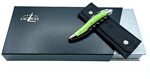 Forge de Laguiole - Cuchillo de camarero (acero inoxidable, funda de piel y gamuza limpiadora), color verde