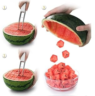 TKMARS Wassermelonenschneider, Wassermelonenwürfelschneider aus Edelstahl, schnell sicheres Wassermelonenmesser, lustige Obstmesser, Salatmelonenschneider für Küchenhelfer