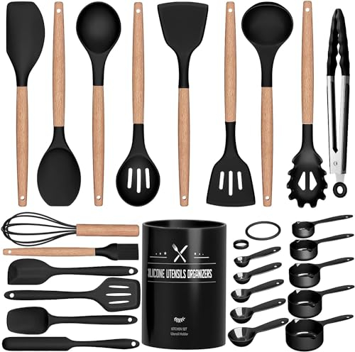 Terlulu Küchenhelfer Set, 26 Stück Silikon Kochutensilien Kochbesteck, Hitzebeständiger Kochgeschirr mit Utensilienhalter, Antihaft Kochset Küchenutensilien Holzgriff, Tongs, Whisk, Spatula - Schwar