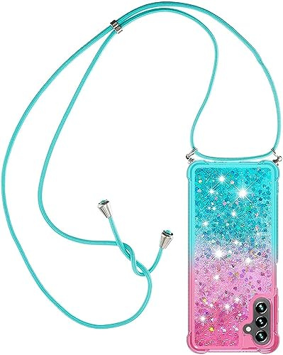 Paekear Halsband för Samsung Galaxy A14 5G/4G silikonskal, flytande glitter flickor kvinnor fodral, axelrem gnista och snodd halsband med justerbar snodd ficka, rosa och blå