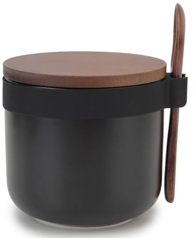 Chase Chic Sucrier avec couvercle et cuillère, Pot à épices en céramique avec couvercle en bois et cuillère pour la cuisine, Pot à sucre 250ml Noir