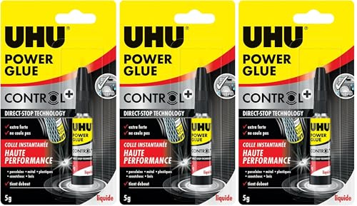 UHU Power Glue - Glue Extra-Forte Control - Multi-Supports : Plastique, Métal, Bois, Matériaux Non Poreux - Ne Coule Pas - Résistante à L'eau - Application Précise - Transparente - Tube 5 g