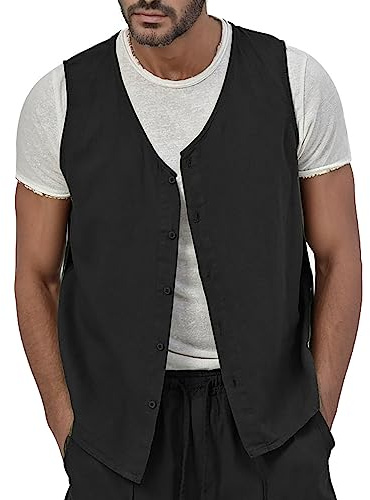 Duohropke Chaleco de lino para hombre, chaleco de cárdigan superior, chaleco de verano para hombre, blusa informal, chaleco de banquet, chaleco para hombres, traje de lino, chaleco de traje, camisa de