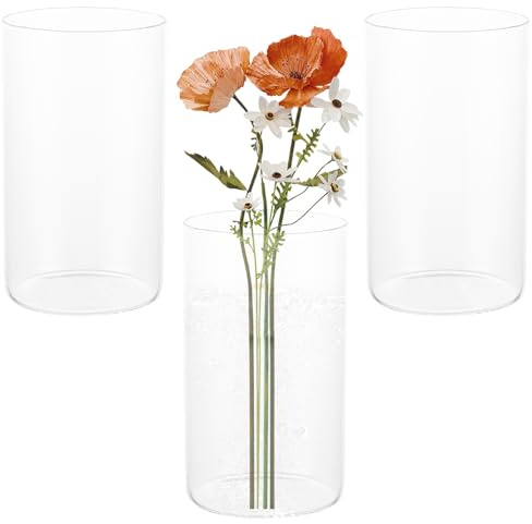 Juego de 3 jarrones altos de cristal de 15 cm para decoración de mesa – Vasos para velas, flores, guijarros, conchas, perlas y portavelas de cristal, jarrones de cristal transparente, jarrones de