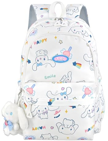 Roffatide Cartoon All Over Print Casual Rucksack Laptop Rucksack Fahrrad Reisen Wandern Rucksack Tagessack Weiß (mit niedlichen Anhängern)