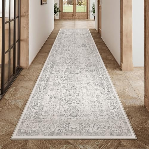 HUGEAR Vintage Grau Waschbarer Teppich 60x240cm LäUfer Flur rutschfest Weich Vorzimmer Tepich Kurzflor Schlafzimmer Retroteppiche KüChe Bedroom Brücken Hallway Carpet