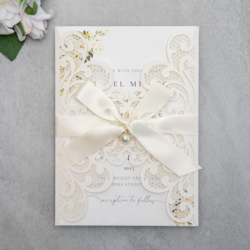 FEIYI 20Pcs 5.12x7.09 inch Laser Cut Wedding Invitation Cards With Envelopes and Ribbons for Quinceanera Bridal Shower Baby Shower Party Invite (lvory)
