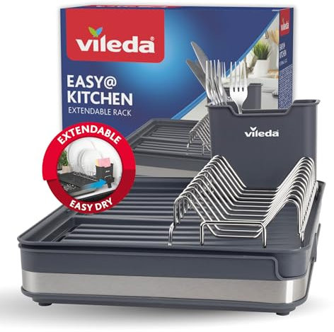 Vileda Stoviglie Scolapiatti - Scolapiatti da lavello estensibile, antiruggine e durevole - Scolapiatti da Appoggio indipendente - Design Salvaspazio, perfetto per Piatti, Bicchieri e altre Posate