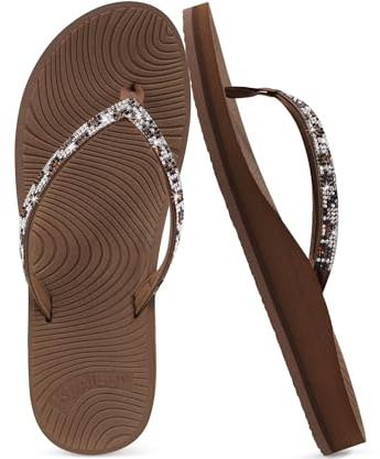 KuaiLu Women's Rhinestone Flip Flops with Comfort Arch Support Yoga Mat Cushion Sandals Fashion Summer Beach Pool Travel Orthotic Walking Thong Sandles Slip on Plantar Fasciitis Brown 3