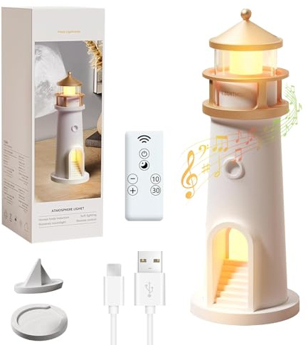 NEOVSUNY Decoración de Faro, Lámpara de Faro con Bluetooth y Ruido Blanco Función,Faro Decorativo LED con Proyección,Luz Nocturna Casa Iluminada,Regalo para Cumpleaños,Decoración de Niños Habitaciones