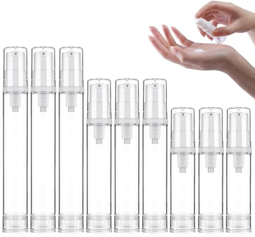 HhBdy 9Pcs Airless Pump Bottle,5ml 10ml 15ml Portable Cosmetic Travel Bottle Refillable Empty Clear Travel Lotion Pump Containers for Foundation Essence Lotion