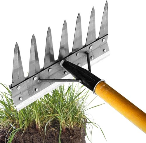 Râteau de désherbage – Désherbeur robuste pour jardin, râteau à long manche | Dents métalliques durables, poignée ergonomique, arrache-racines efficace pour le nettoyage de la pelouse, le travail du s
