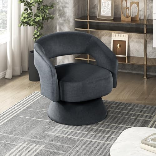 Lexicon 360 Degree Swivel Accent Chair, Modern Comfy Velvet Round Barrel Chair, Open Back, Plush Foam Cushions, Metal Swivel Base for Living Room, Bedroom or Office, Dark Gray