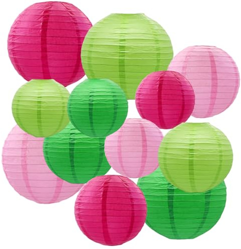 12pcs Hot Pink and Green Paper Lanterns,Hanging Paper Lanterns for Bridal Shower Rustic Boho Birthday Wedding Home Decor Party Decoration
