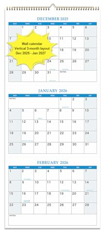 3 Month Calendar 2026 Wall Calendar Three Month Vertical Calendar | Dec 2025 to Jan 2027 | Large 11x26 Inch Open Layout with Holiday Markings | for Home & Office