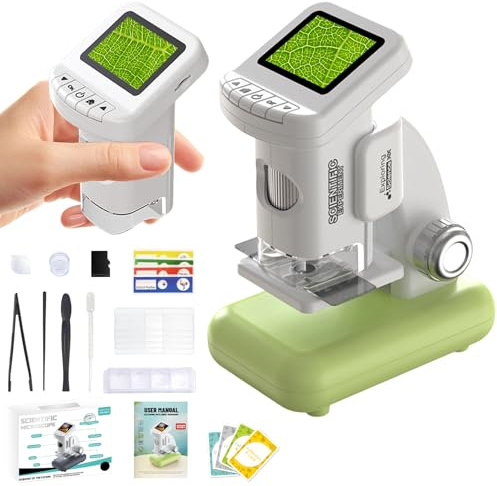 Bostar Microscopio para niños 120-1200X con soporte/38 tarjetas coleccionables/5 láminas, 2 en 1 pantalla IPS de 2,0 pulgadas, microscopio digital con kits científicos para regalos de Navidad