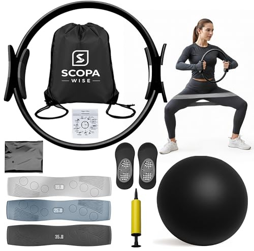 Pilates Kit for Home Workouts | 14 Pilates Ring Set (Magic Circle) | Resistance Bands | Pilates Ball | Grip Socks | Yoga Strap | Pump | Carry Bag | Pilates Equipment for Women & Men (Black)