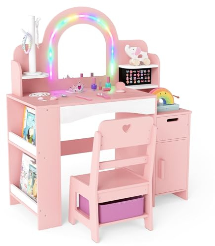 INFANS Kids Vanity with Lights, Princess Makeup Desk with Mirror, Jewelry Hanger, Fabric Drawers, Toddler Table and Chair Set Pretend Play for Girls