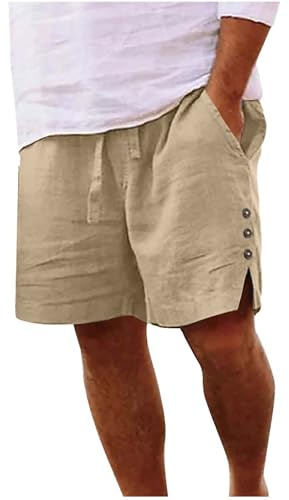 Pantalon Corto Hombre Tallas Grandes Algodón y Lino Pantalones Cortos Hombre Pierna Ancho con Bolsillos Color Sólido Sueltos Cómodos Transpirables Pantalón Corto de Playa con Bolsillos