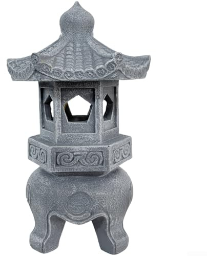Farol solar de pagoda con aspecto de piedra, IP44 impermeable, circuito crepuscular automático, lámpara de jardín zen de resina para terraza, patio y césped, modelo A 10 x 10 x 32 cm (C)