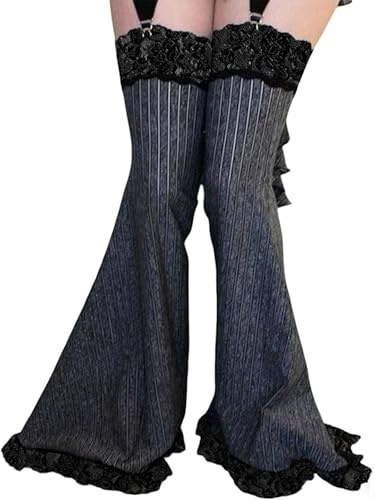 Acrawnni Women Lace Trim Thigh High Stockings Y2K Striped Flare Leg Warmer Suspenders Pantyhose Gothic Lolita Halloween Cosplay Party Accessory (A-Dark Grey, ONE SIZE)