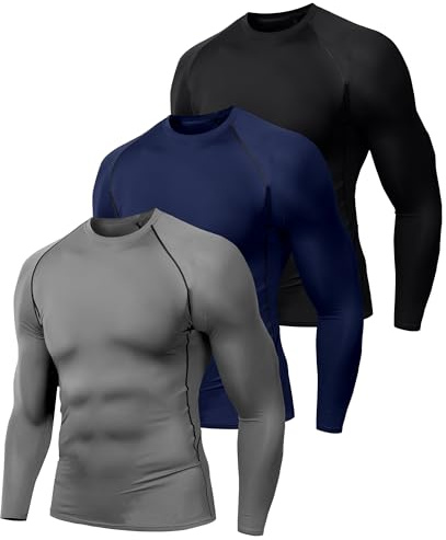 Holure 2, 3 eller 5-pack kompressionsskjortor för män, långärmad, löpartopp, snabbtorkande, baslager, toppar för gym, sport, träning, Svart/blå/grå, XL