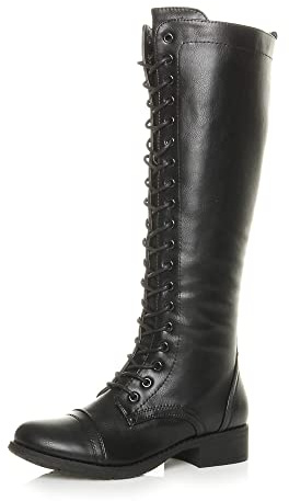 AJVANI low heel flat chunky zip lace up calf knee high military biker boots size 8 41