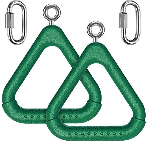 Dolibest Trapeze Ring, 2 Pack Swing Set Gym Ring Triangle Monkey Bar Handle Grip with Silver Carabiner for Outdoor Playground Obstacle Course Playset Training Equipment Indoor Fun Activity, Green