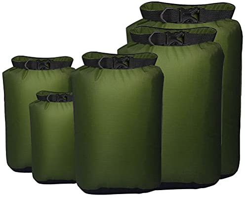 Pimoys 5 Pack Waterproof Dry Sacks, Lightweight Outdoor Dry Bags 20L /12L / 10L/ 6L/ 3.5L Ultimate Dry Bags for Kayaking Camping Rafting Boating (Army Green)