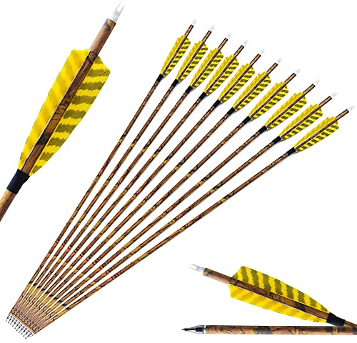 SHARROW Bogenschießen Carbonpfeile 30 Zoll Carbon Pfeile mit Naturfedern Kohlenstoff Pfeil Jagdpfeile 500 Spine Camo Pfeilschäfte aus Carbon Bogenpfeile für Compound Recurve Bogen (12 Stück)