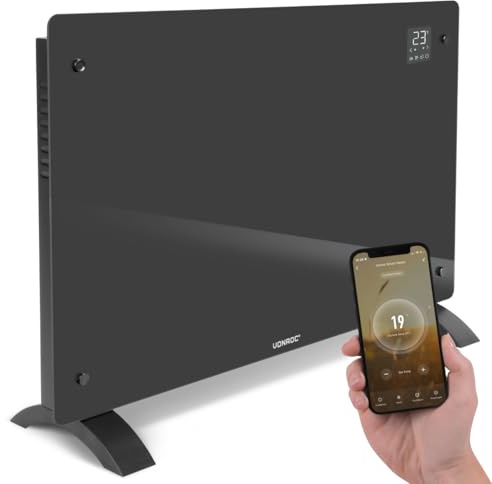VONROC Chauffage Électrique de Luxe 2000W – Convecteur Panneau Verre Gris avec Commande Manuelle & Wi-Fi, Écran LED, Thermostat Réglable, Sécurité Enfants – Chauffe des pièces jusqu’à 24m²