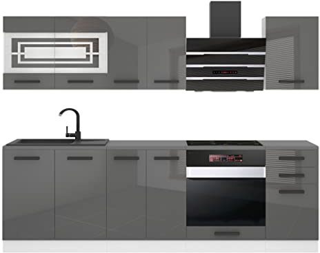 Belini Küchenzeile Küchenblock Margaret - Küchenmöbel 240 cm Einbauküche Vollausstattung ohne Elektrogeräten mit Hängeschränke und Unterschränke, ohne Arbeitsplatten, Silber Hochglanz