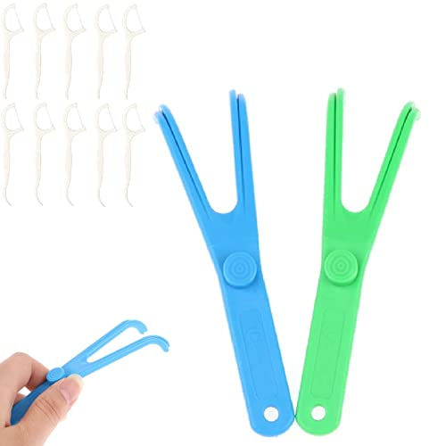 Dental Floss Halter,Floss Pick, Wiederverwendbare Zahnseide Halter, 2 Stücke Zahnseidenhalter mit 10 Stücke Dental Floss, Perfekt für Familien Hotels und Reisen Mundhygiene