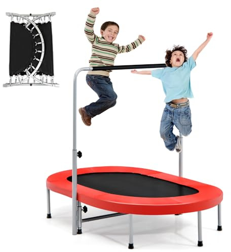 COSTWAY Cama Elastica para 2 Personas, Trampolin de Fitness Plegable con Mango Ajustable en 5 Niveles, Trampolín para Niños y Adultos con Capacidad de 150 kg, para Hogar y Gimnasio, 65 x 154 x 132 cm