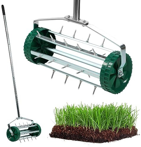 KADAX Escarificador manual, aireador de césped de acero resistente, aireador manual con clavos de 3,3 cm, aireador de suelo con mango ergonómico, rodillo de púas robusto (148 cm)