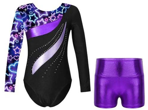 JEATHA Gymnastikanzug Mädchen Metallic Turnanzug Gymnastik Leotard Balletttrikot mit Shorts Langarm Turnbody Turntrikot für Gymnastik Fitness B Neonschwarz 134-140
