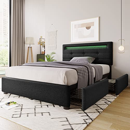 KUAKE Letto imbottito 90 x 200 cm, con testiera a LED e 2 cassetti, letto singolo con telaio piatto e testiera regolabile in altezza, materiale di lino, per ragazzi, senza materasso (nero, 90 x 200