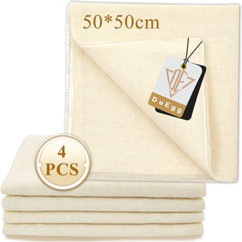 DuEgg Garza Alimentare 4 Pezzi, 50 * 50 CM di Cotone Lino Cheesecloth, Garza Alimentare per Filtrare Naturale Non Sbiancato, Cheese Cloth Può Essere Utilizzato per Filtrare Formaggio, Latte di Noci