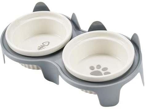 Ceramic cat bowls set with stand, 2-piece set, cat shaped pet food container dish (Grey)