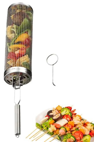 Cylindre de barbecue – Paniers de barbecue – Panier à rôtissoire – Panier à poisson en acier inoxydable avec poignée intégrée pour légumes et fruits de mer