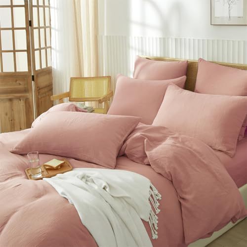 Boqingzhu Muslin Bettwäsche 135x200 cm Baumwolle Rosa Altrosa Pink Sommerbettwäsche Weich Kühlend Atmungsaktiv Sommer Bettbezug Einzelbett und Kissenbezug mit Reißverschluss