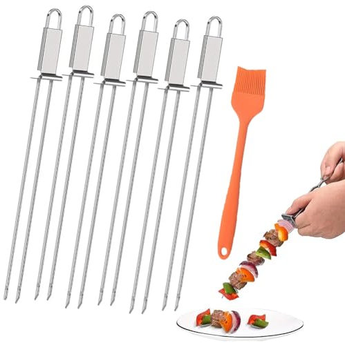 MEETOZ Kabob Skewers for Grilling, Metal Skewers for Kabobs with Slider, Flat BBQ Skewers Stainless Steel - 13 Shish Kabob Grill Skewers & Ideal Kabob Sticks for Meat Shrimp Chicken Veggie(6PCS)