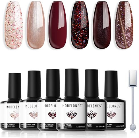 Modelones 6 Color Gel Nail Polish Set - Brown, Red, Nude Winter Colors - Cat Eye Magnetic Gel Polish for DIY Salon Home Use