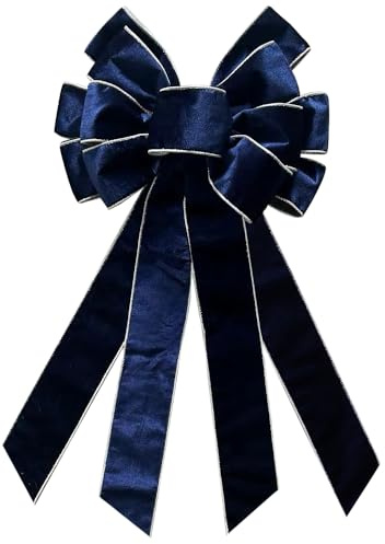 CHMOART Christmas Wreath Bow 20 x 11 Inches Large Christmas Bows Silver Trimmed Blue Velvet Bow Winter Farmhouse Bow Xmas Tree Topper Ornament Bow for Home Front Door Decorations