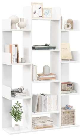 CASART Tree-Shaped Bookshelf, Anti-Tipping 8/13-Tier Bookcase with Side Buffer, Industrial Floor Standing Display Shelf Organizer for Office, Living Room & Balcony (White, 13 Tier- 86 x 25 x 141cm)