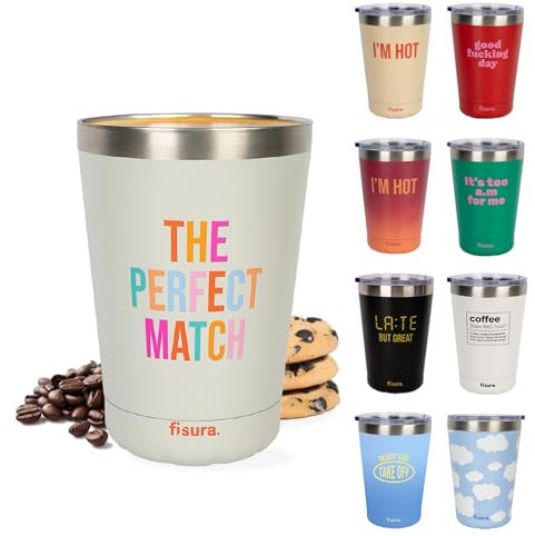 FISURA – Vaso termo original “The perfect match”. Vaso termo para llevar beige. Taza de café 310 ml. Taza térmica acero inoxidable para coche. Libre de BPA.