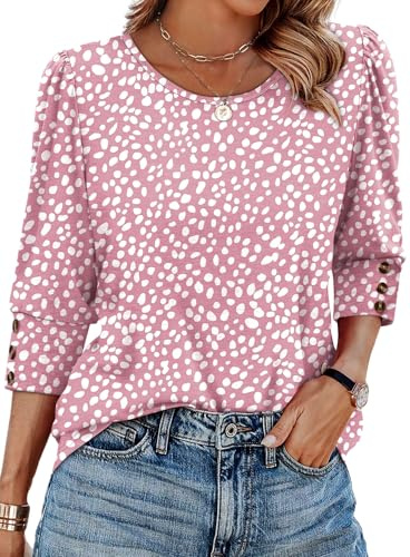 Aokosor Ladies Tops for Womens 3/4 Sleeve Tops Ladies Blouses Crew Neck Puff Sleeve Tunic Fashion T Shirt Button Sleeve Pink Dot Size 10-12