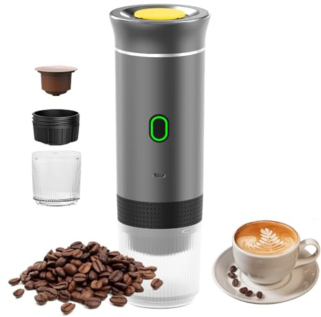 Bärbar espressomaskin, 3-i-1-kaffebryggare, elektrisk, självvärmande, campingkaffebryggare, mini-kaffebryggare bil, uppladdningsbar, 12 V USB-C kompatibel med malet kaffe och NS-kapsel